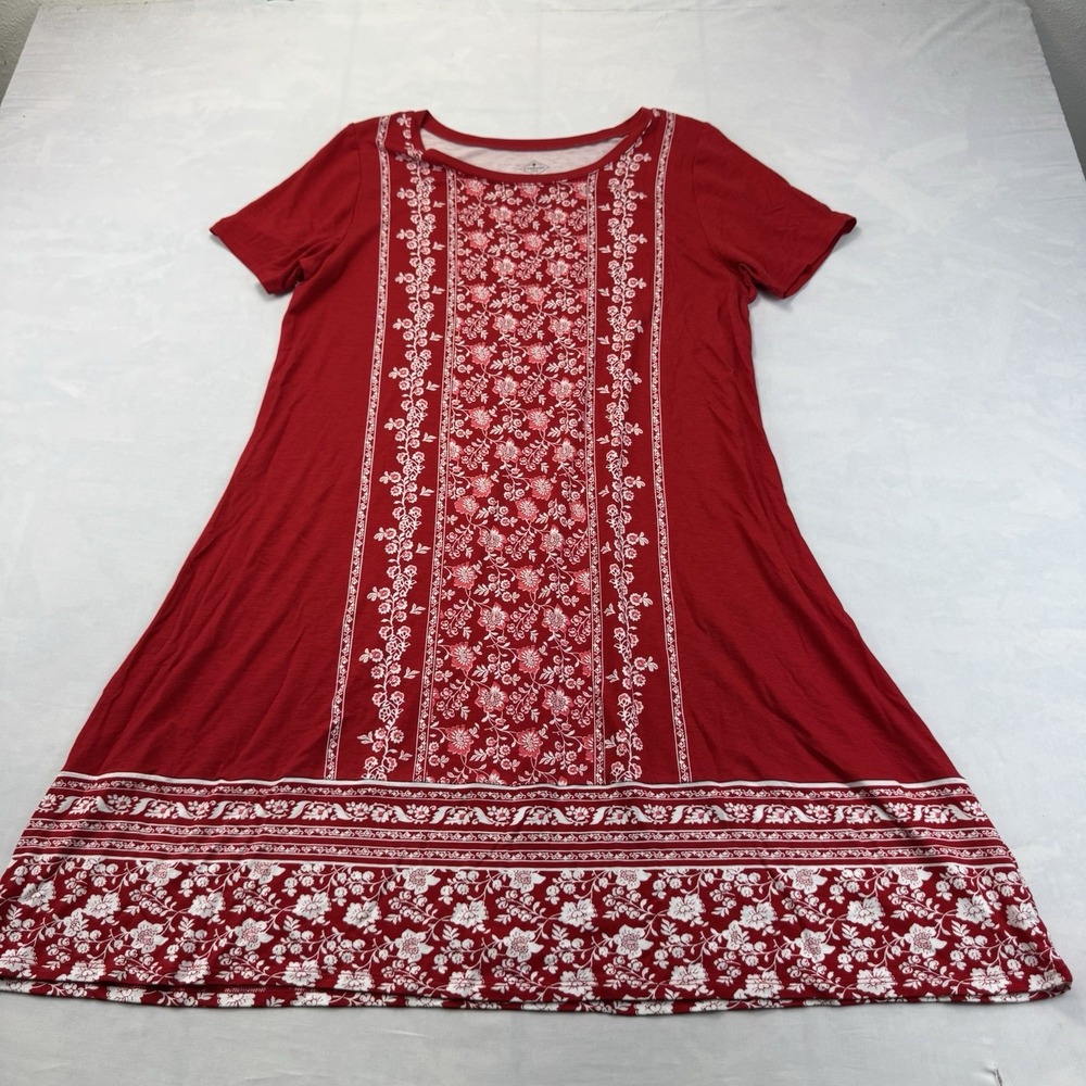 St Johns Bay Womens Large Red Floral Print Rayon Stretch T-Shirt Dress